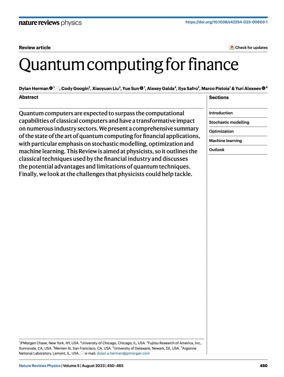 Nature Reviews Physics: Quantum Computing for Finance
